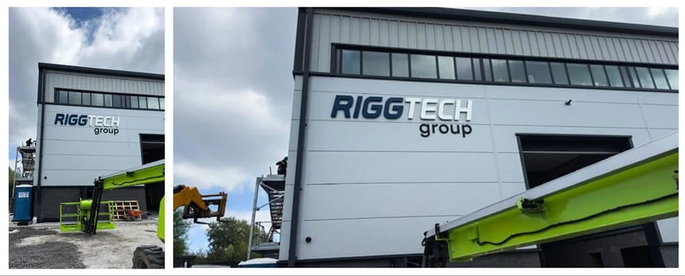 A collage of the Rigg Tech exterior signage from close up and afar.